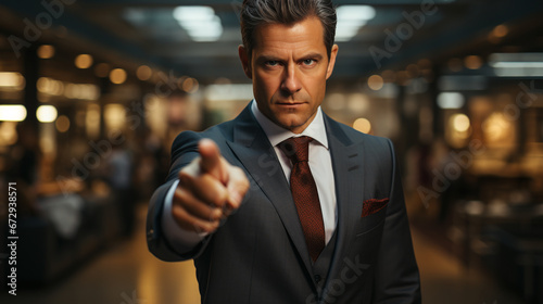 close up businessman in suit points forward with index finger photo