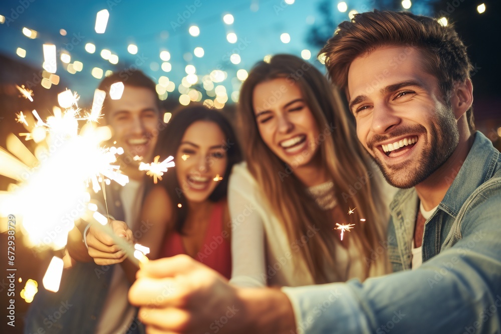 Fototapeta premium Cheers to Silvester: A Night Club Filled with Friends Holding Sparklers, Radiating Joy, Laughter, and the Excitement of Embracing the New Year Together