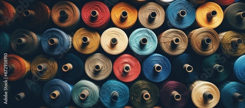  Pile of big colorful spools of  polyester threads for sewing on coils and embroidery machine, textiles, background. 
 photo