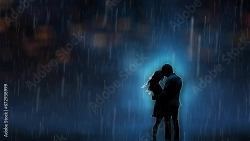 Seamless loop animation. Couple in Love formed of rain drops in the night beau. Created using Generative AI Technology
