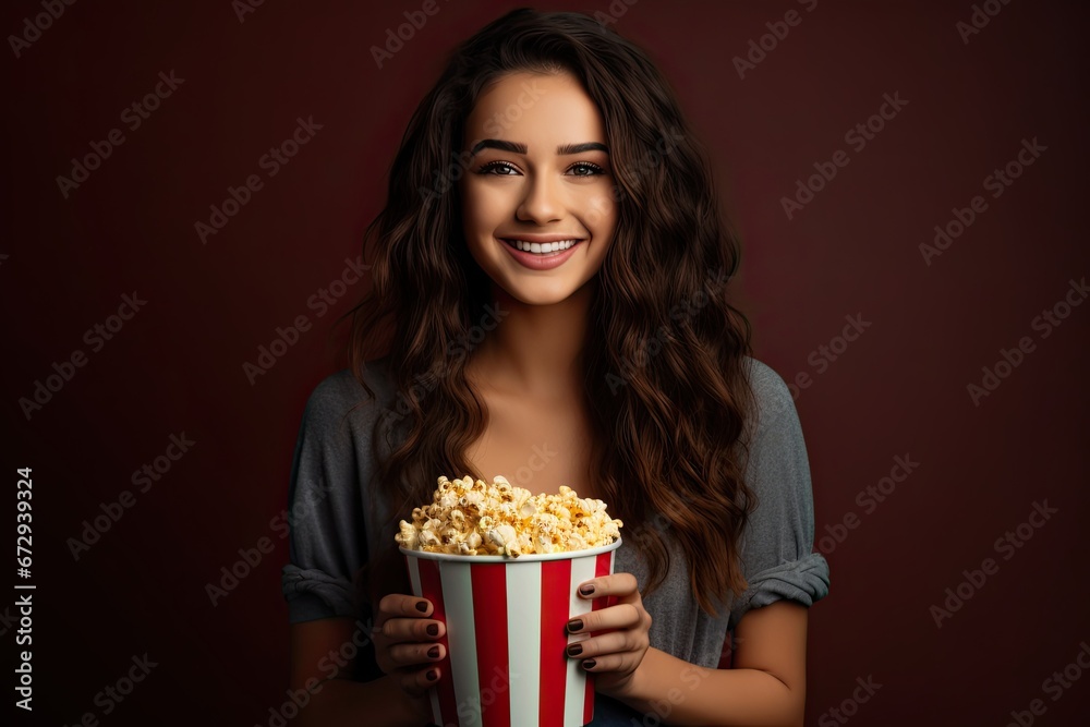 A young woman enjoying a bucket of popcorn with a joyful, happy expression while watching a fun movie.
