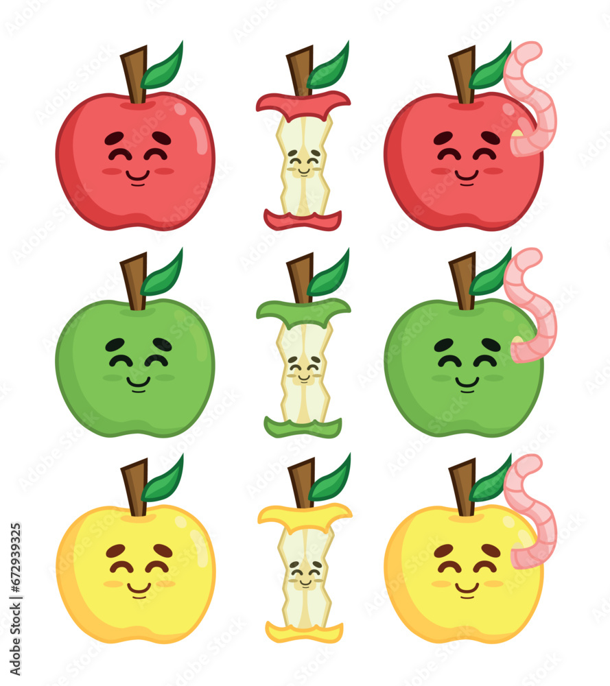 Set of cheerful apples in different colors. Whole, bitten, and with a worm.