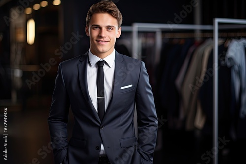 A young, stylish adult businessman exuding confidence and elegance in a fashionable suit, indoors in a store.