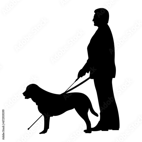 Silhouette of blind man with guide dog.Man with visual disability.Vector illustration isolated on white background.