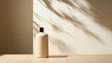 shampoo bottle product photography,standing on a white cylinder,podium stage,light beige background,beautiful lighting and shadow from the window,a flat front shot,wood,minimalist style