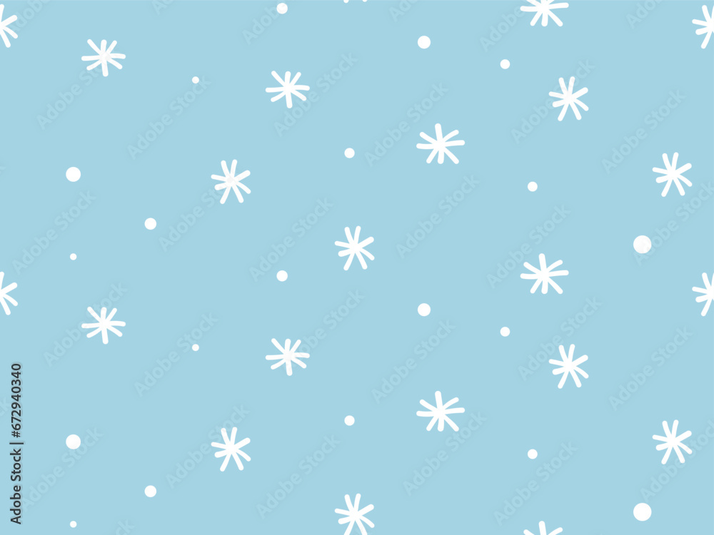 Hand drawn doodle white Snowflakes on blue Background. Cute Christmas Holiday snow seamless Pattern. Winter snowflake ornament for Design