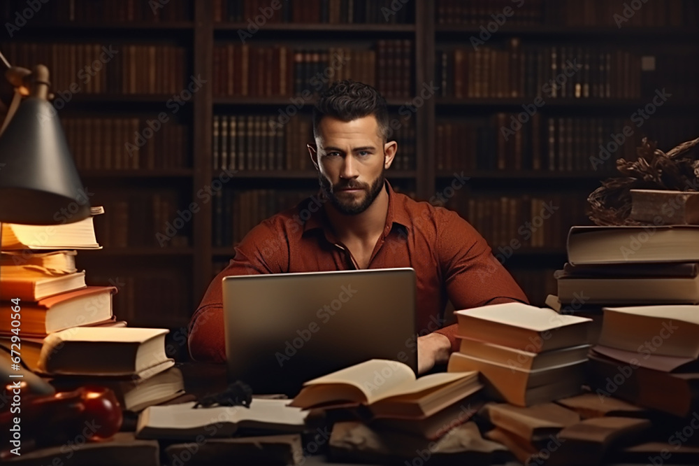 Handsome Man Surrounded By Books In Library, Typing on Laptop Handsome Man Surrounded By Books In Library, Typing on Laptop