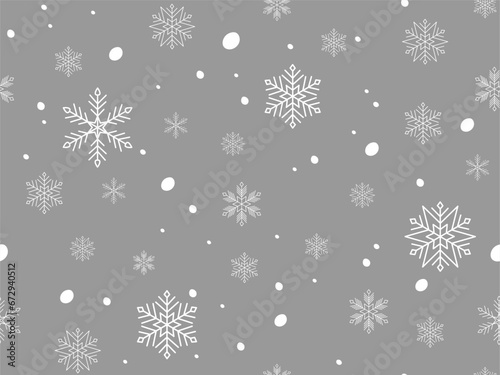 White Snowflake different sizes on gray background. Winter snow seamless pattern. Decorative holiday Christmas background