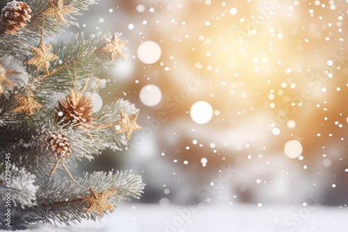 Christmas background with Christmas tree and snowflakes. Copy space. © Maryna