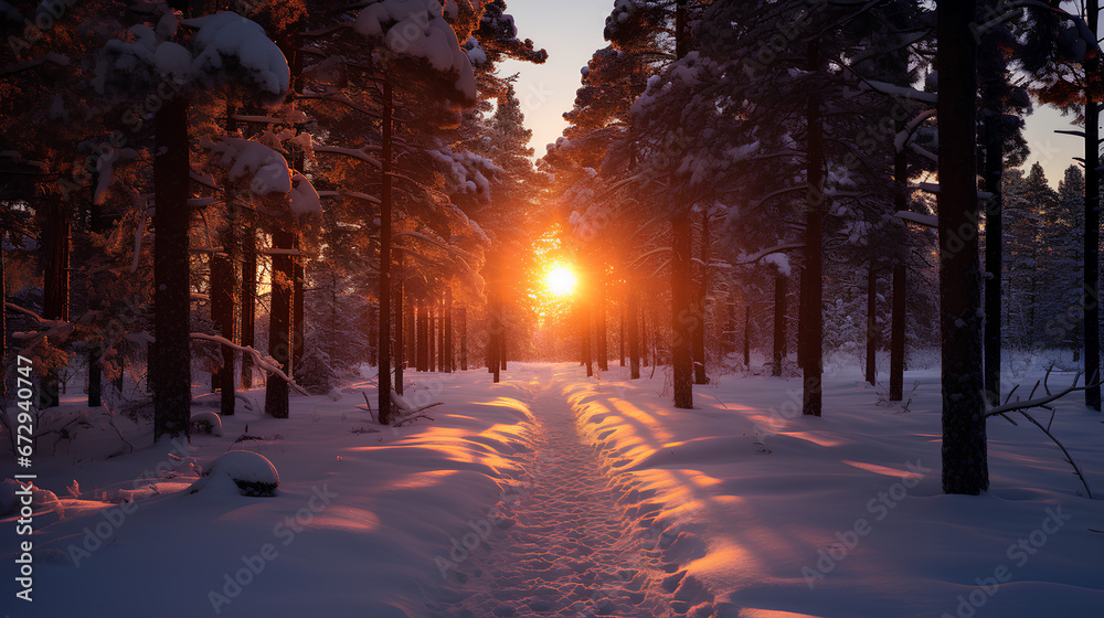 Sunset in the forest. Winter season. Sunset in the forest. Winter season.