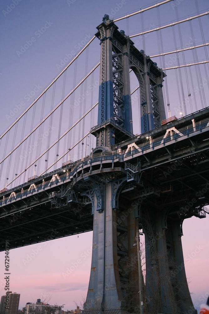 A vertical shot of the Manhattan Bridge