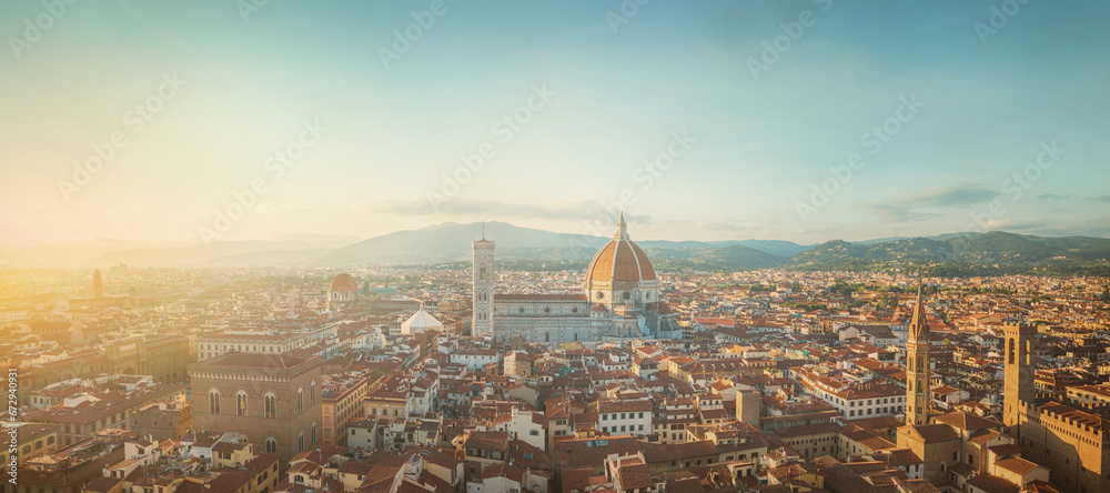 Florence sunset city skyline with Cathedral and bell tower Duomo. Florence, Italy.  Background on the theme of history, culture, etc. - obrazy, fototapety, plakaty 