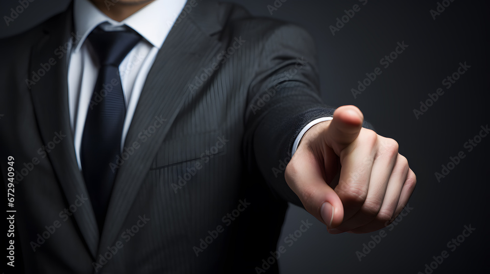 Businessman pointing his finger at camera. Businessman pointing his finger at you on dark background