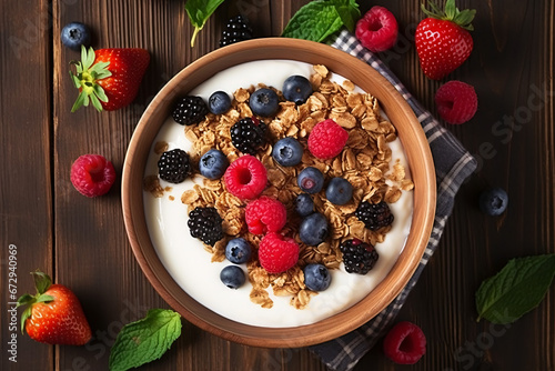 one healthy breakfast bowl with ingredients granola fruit,cereal,milk,berries