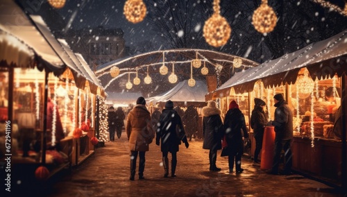 Bustling Christmas market with festive lights and holiday shoppers, capturing the spirit of the season.