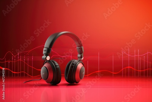 Stylish headphones with pads on red color background photo