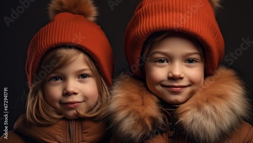 Two serene children in warm winter wear with fur details, ideal for seasonal fashion and family lifestyle content. © StockWorld