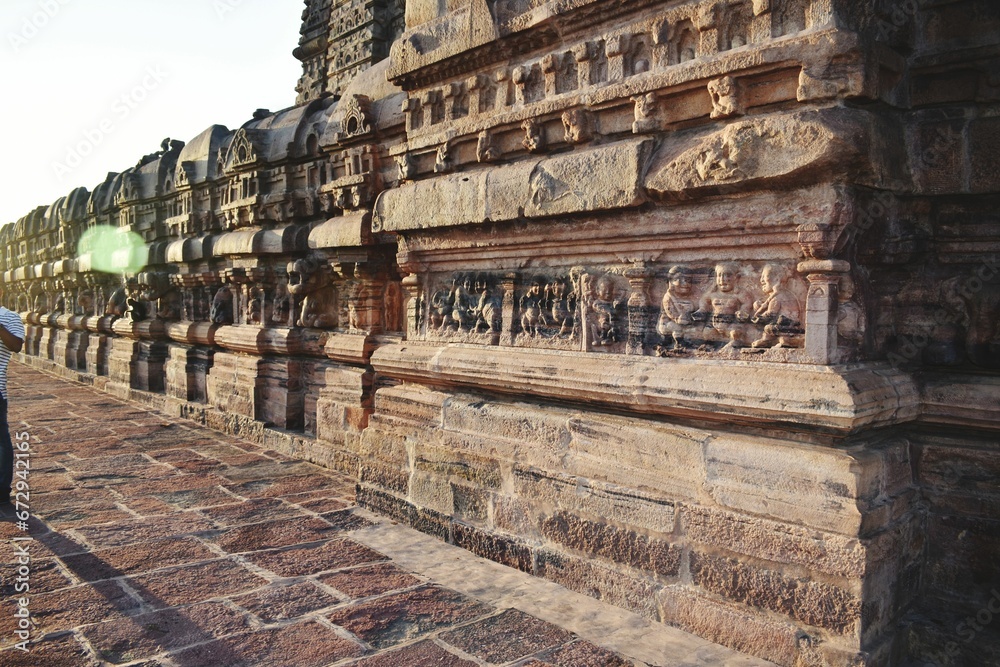 High resolution closeup shot of an ancient temple wall adorned with intricate carvings