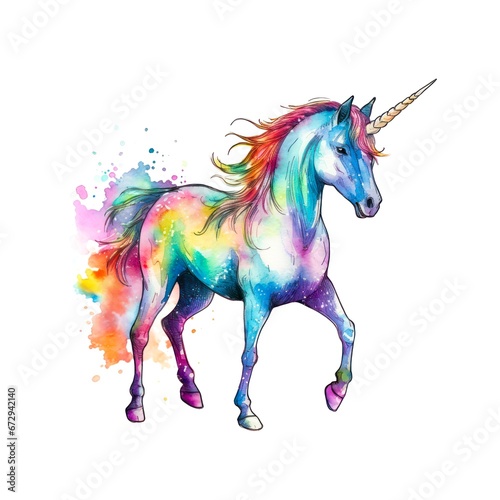 Watercolor illustration of a rainbow unicorn on white background.