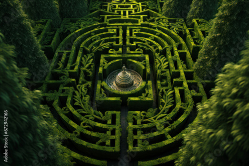 Aerial view of green garden like hedge maze, labyrinth of trimmed bushes in summer. Geometric pattern of plants in park. Concept of nature and fantasy. photo
