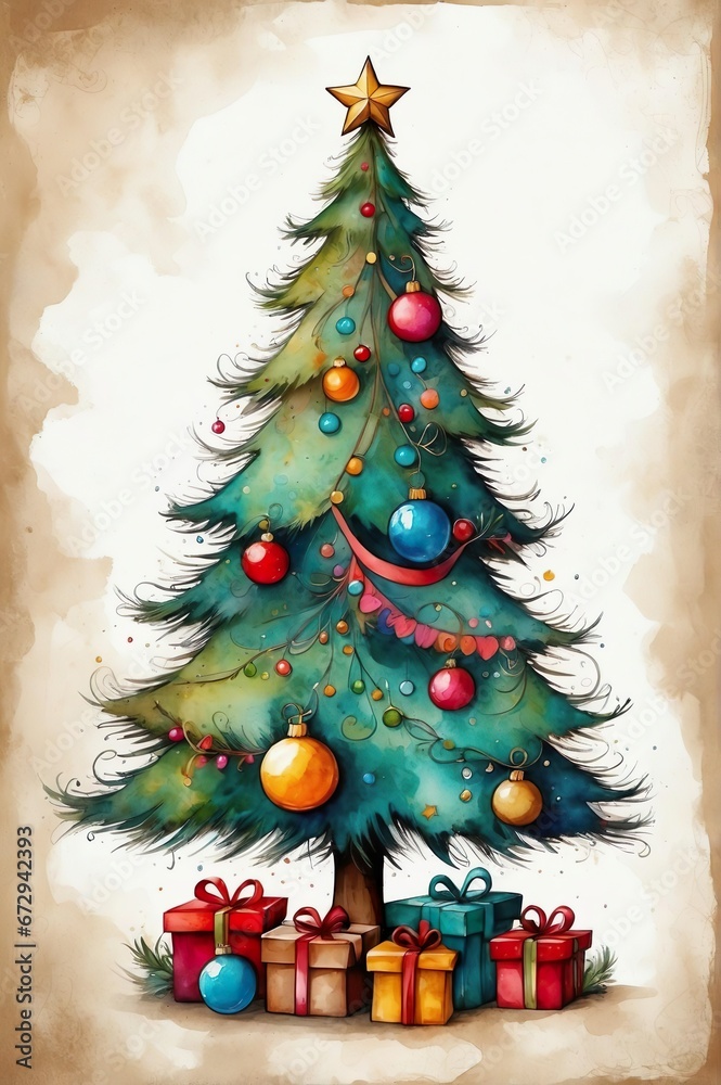 An illustration of a Christmas tree with decorations An illustration of a Christmas tree with decorations
