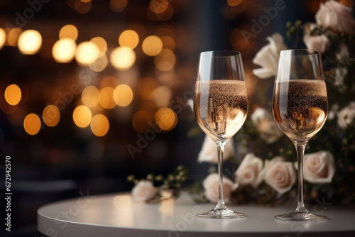 Two wine glasses and bouquet of flowers ontable. Concept of Valentine's Day and romantic date for couple