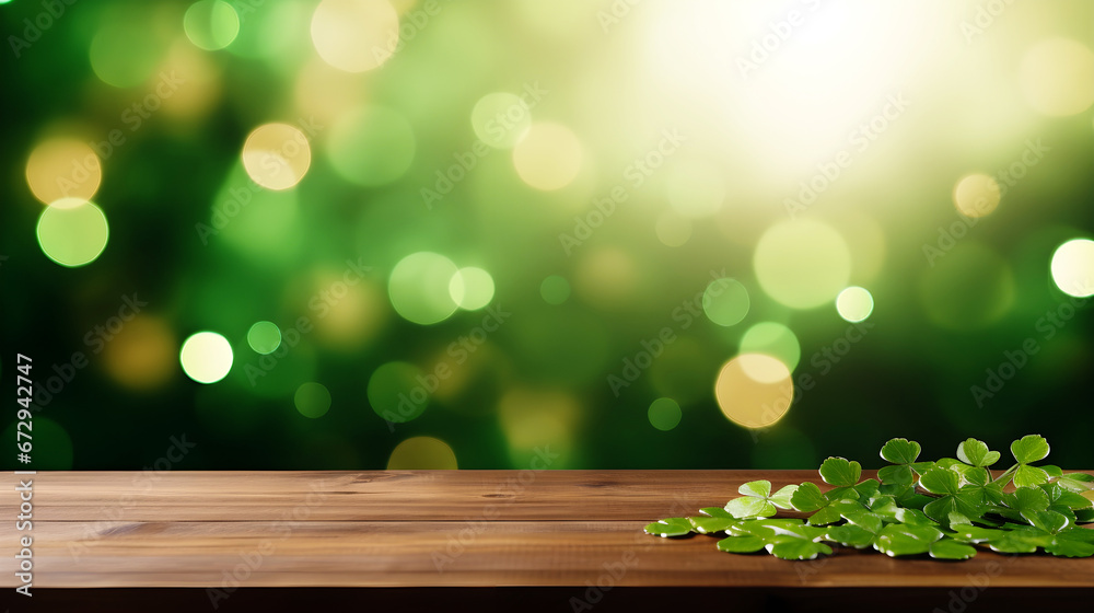 Empty wooden table mockup with defocused green and gold background, shamrock and golden glitter for Saint Patrick's Day designs