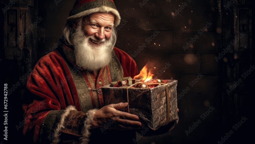 Jolly Santa Claus with gift, embodies the spirit of Christmas; ideal for holiday marketing. Suitable for Christmas advertising, greeting cards, and festive event promotions.