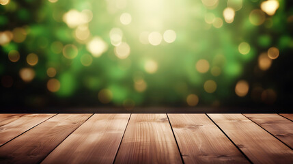 Empty wooden table mockup with defocused green and gold background, shamrock and golden glitter for Saint Patrick's Day designs