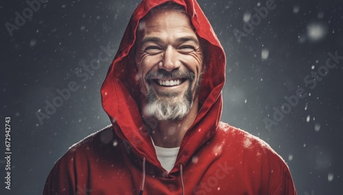 Bearded man in red hoodie smiling, perfect for lifestyle and active wear promotions.