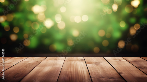 Empty wooden table mockup with defocused green and gold background, shamrock and golden glitter for Saint Patrick's Day designs photo