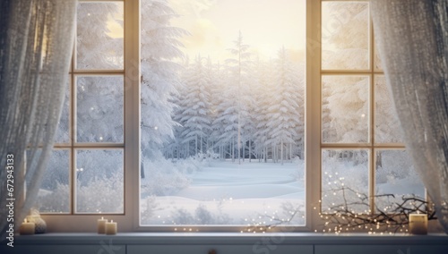 Cozy winter scene with a lantern and decorations on a windowsill overlooking a snowy landscape. Perfect for holiday-themed marketing, interior design inspiration, or seasonal greeting cards. © StockWorld