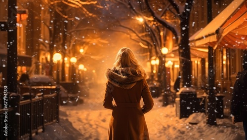 Woman walking on a snowy street lit by lamps, ideal for winter narratives and holiday themes.