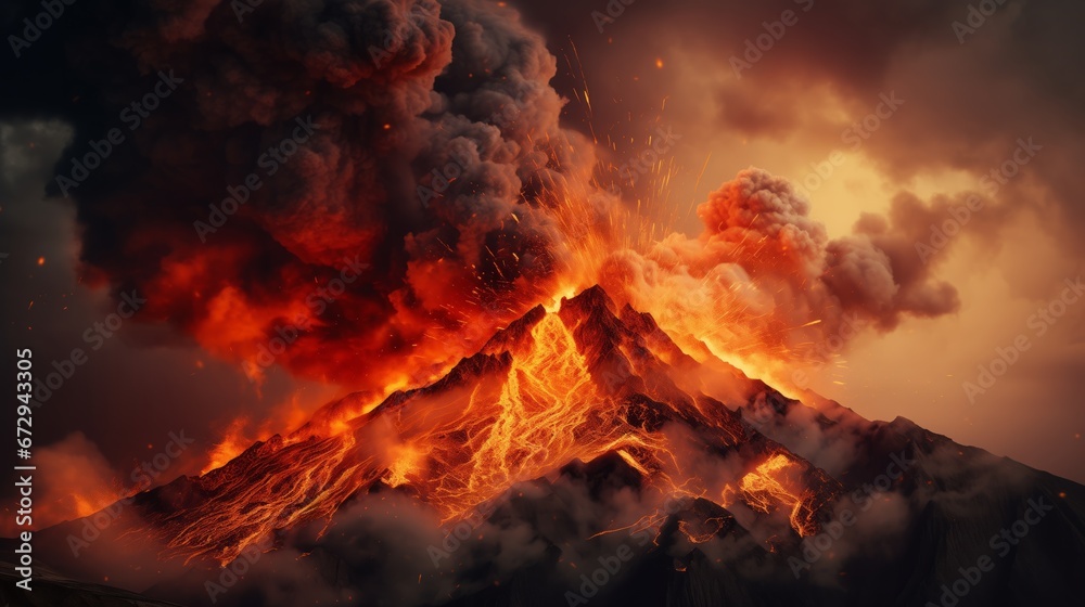 Big volcano eruption, erupting with fiery lava and fire spewing from its crater, natural disaster