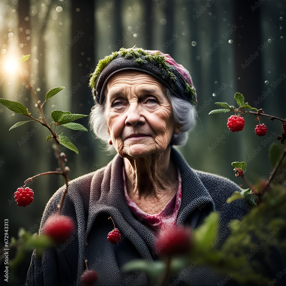 old grandma woman in forest