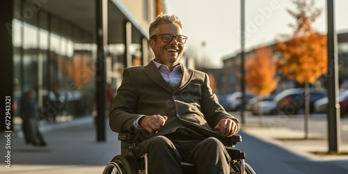On-the-Go: Businessman in Wheelchair Rolling to His Workplace
