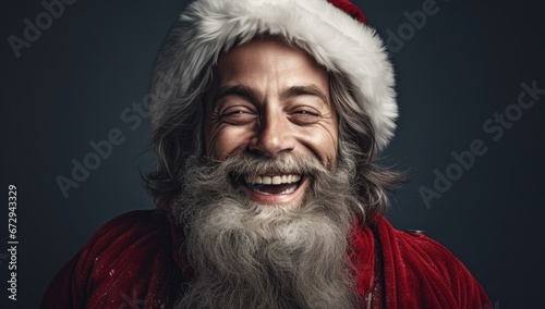 cheerful elderly man dressed as Santa Claus with a genuine smile, posing against a dark background. Perfect for Christmas advertising, greeting cards, or holiday-themed editorial content.  © StockWorld