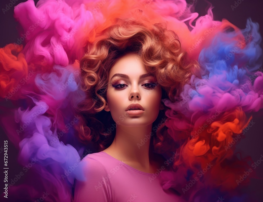 Surreal portrait of a woman with vivid pink smoke around her, perfect for beauty and art campaigns. Suitable for cosmetic advertising, creative art projects, or fashion editorials.