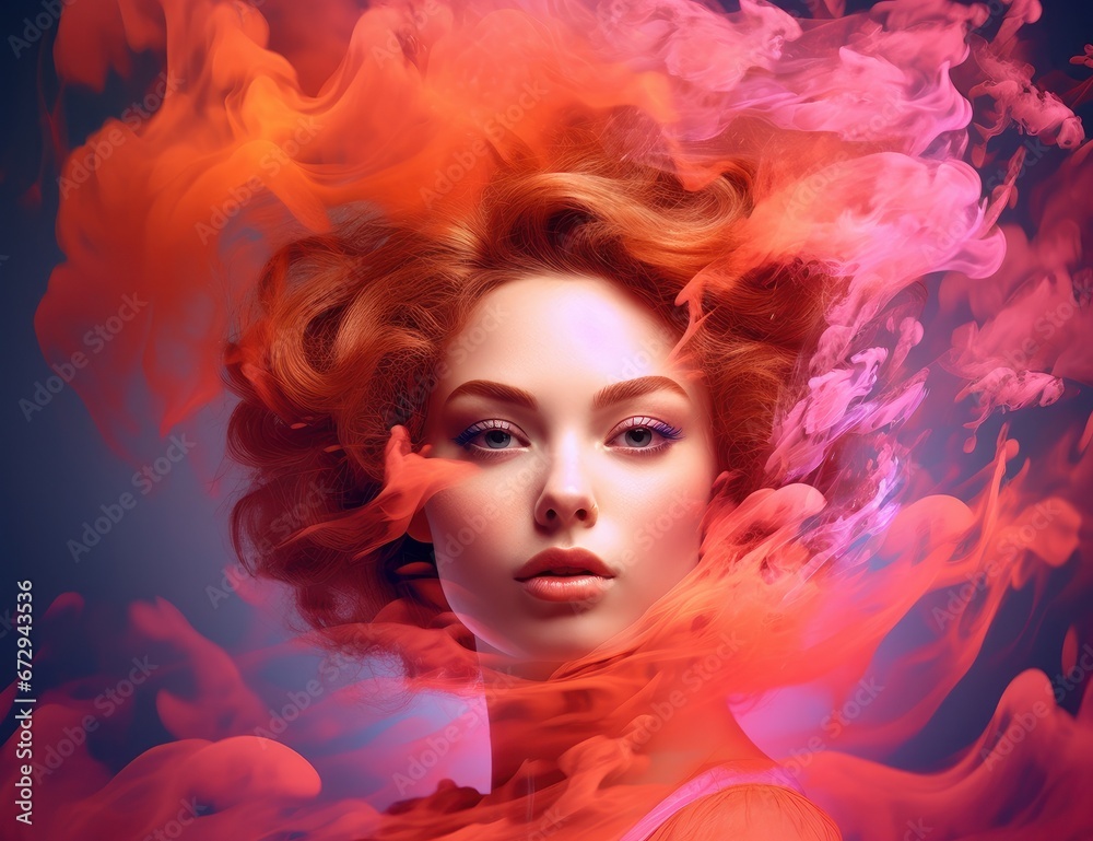 Surreal portrait of a woman with vivid pink smoke around her, perfect for beauty and art campaigns. Suitable for cosmetic advertising, creative art projects, or fashion editorials.