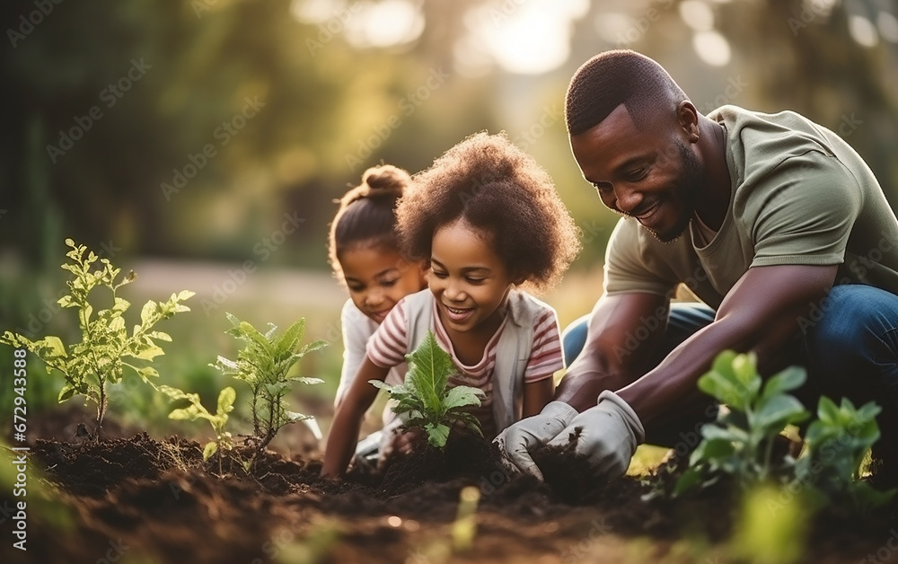 Dark skinned ather and children looking plants growing in the garden