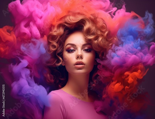 Surreal portrait of a woman with vivid pink smoke around her, perfect for beauty and art campaigns. Suitable for cosmetic advertising, creative art projects, or fashion editorials. © StockWorld