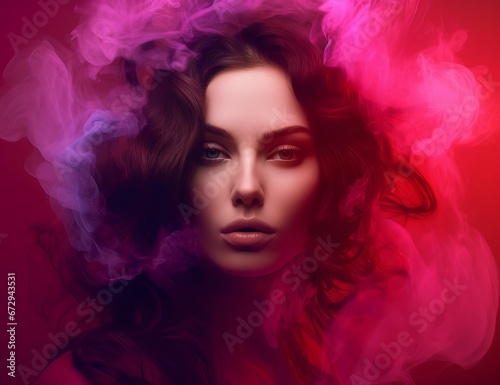 Surreal portrait of a woman with vivid pink smoke around her  perfect for beauty and art campaigns. Suitable for cosmetic advertising  creative art projects  or fashion editorials.