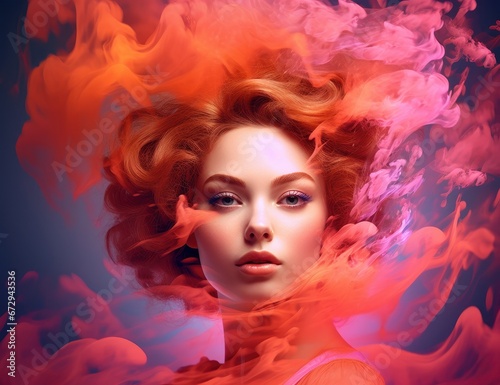 Surreal portrait of a woman with vivid pink smoke around her  perfect for beauty and art campaigns. Suitable for cosmetic advertising  creative art projects  or fashion editorials.