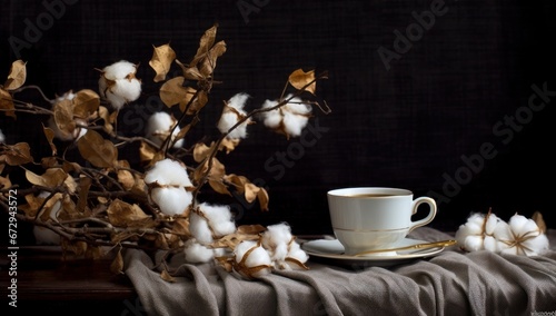 Still life with a cup of coffee, cotton branches, and elegant black drapery, ideal for café and interior decor. Perfect for café menu design, wall art, lifestyle blogs, and home décor inspiration.