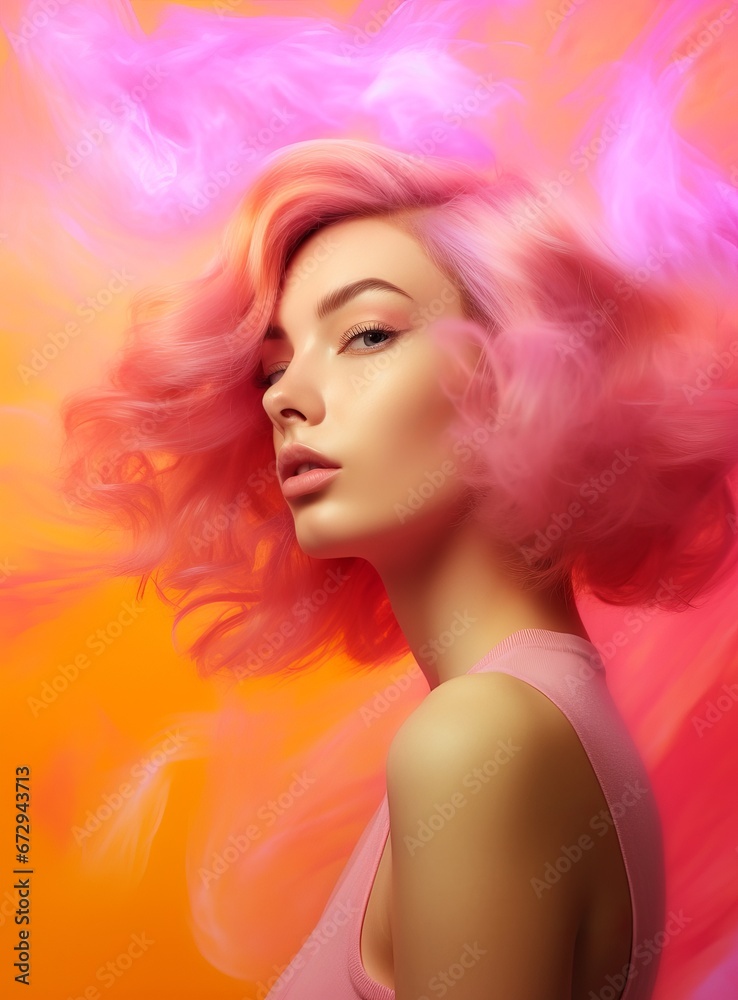 A youthful woman with pink hair in a dynamic cloud of color, ideal for beauty and fashion marketing. Great for beauty campaigns, hair product advertisements, or artistic editorials.