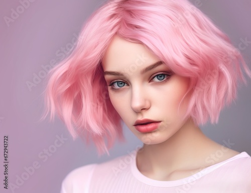 Ethereal young woman with pink hair in a soft-focus setting, perfect for beauty and fashion campaigns. Suitable for beauty products, hair salons, fashion editorials, and youth-focused promotions.