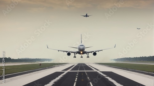 Airplane landing/taking off at airport exterior 