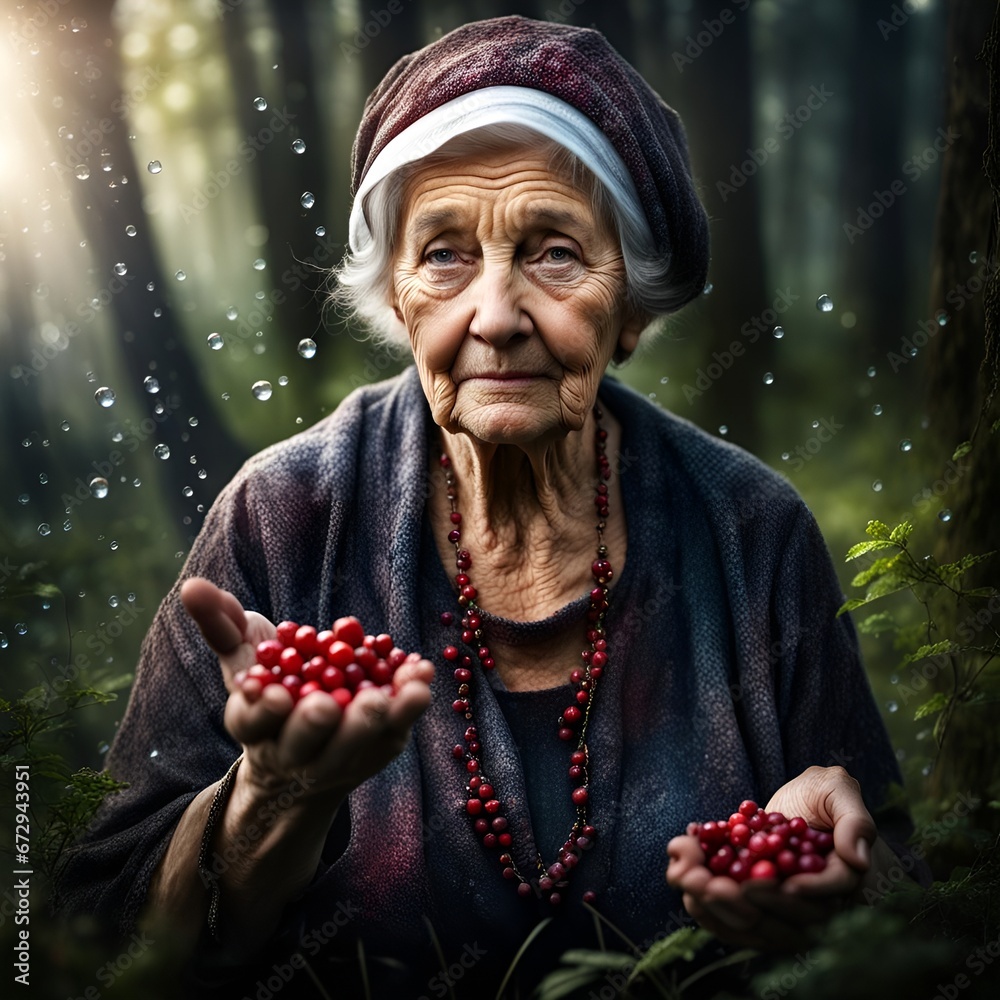 old grandma woman in forest