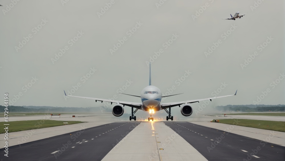 Airplane landing/taking off at airport exterior Airplane landing/taking off at airport exterior