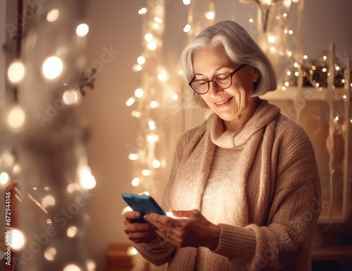Senior woman with glasses reading a tablet amid holiday lights. Great for marketing tech products to seniors, illustrating connectivity during the holidays, or age-inclusive technology use.